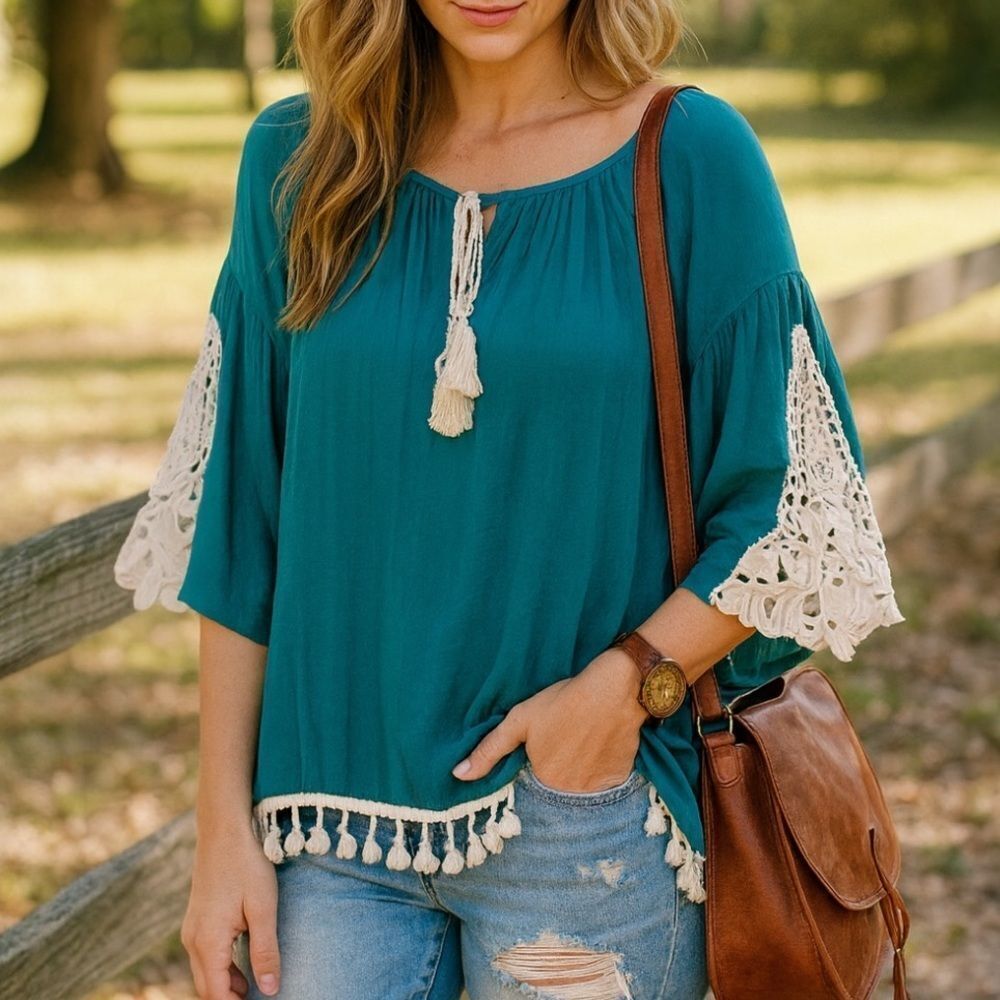 Ali Miles Lace Accent Bell Sleeve Crinkle Tunic Tassel Trim Teal Blouse M